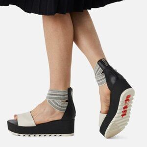Sorel Cameron Flatform Ankle Strap Wedge Sandals Leather Black Size 7.5 NEW